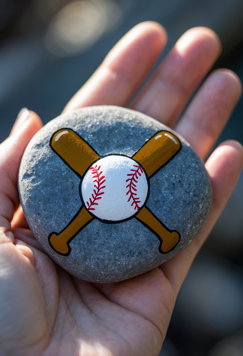 A hand holds a smooth gray stone painted with two crossed baseball bats and a white baseball with red stitching in the center.