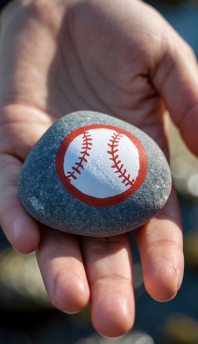 A hand holding a smooth gray stone painted with red baseball stitching and a white circle to resemble a baseball.