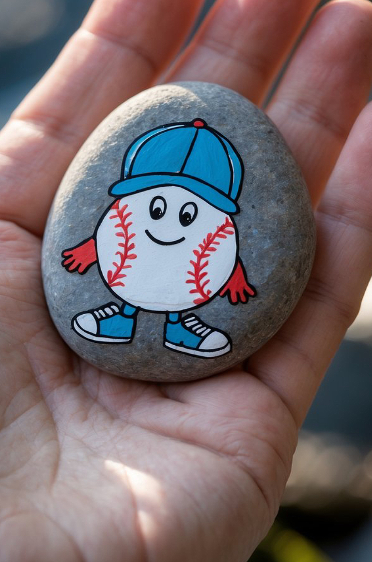 A hand holds a smooth rock painted with a cartoon baseball character, featuring a blue cap, blue sneakers, red arms, and a smiling face.