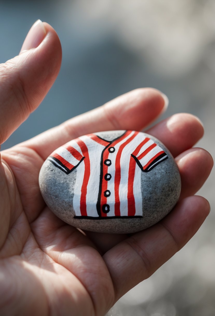 A hand holding a smooth, oval stone painted with a red and white striped shirt featuring black buttons and a collar.