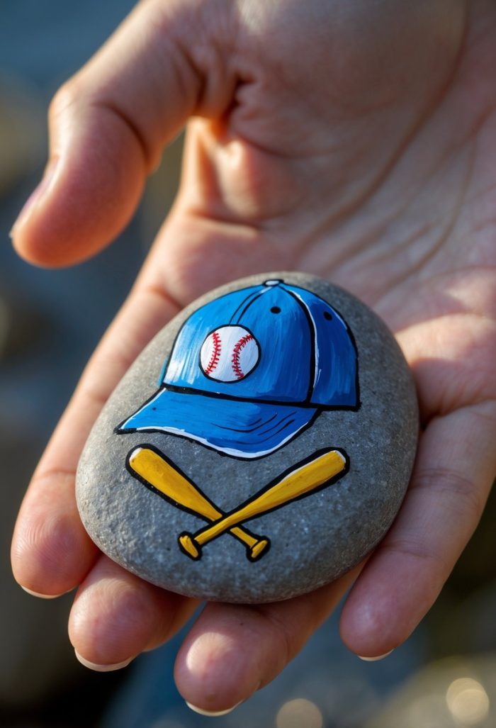 A hand holds a smooth stone painted with a blue baseball cap featuring a baseball, above two crossed yellow baseball bats.