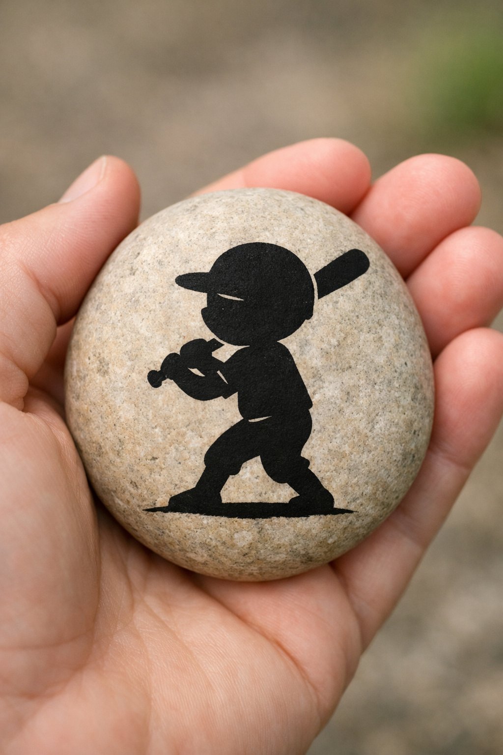 A hand holding a smooth stone with a black silhouette of a baseball player wearing a cap and holding a bat, ready to swing.
