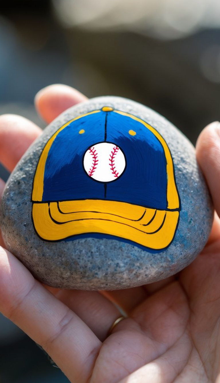 A hand holds a smooth gray stone painted with a blue and yellow baseball cap featuring a white baseball with red stitching on the front.