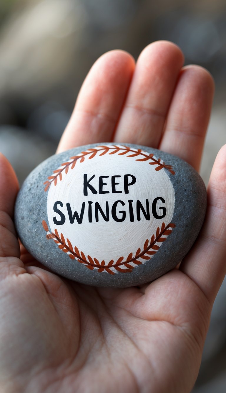 A hand holds a smooth gray stone painted to resemble a baseball, with the words "KEEP SWINGING" written in black letters in the center.