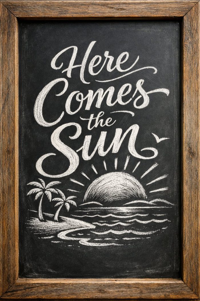 A chalkboard with the words "Here Comes the Sun" written in script above a drawing of a sunrise over the ocean, palm trees, and a bird, all within a wooden frame.