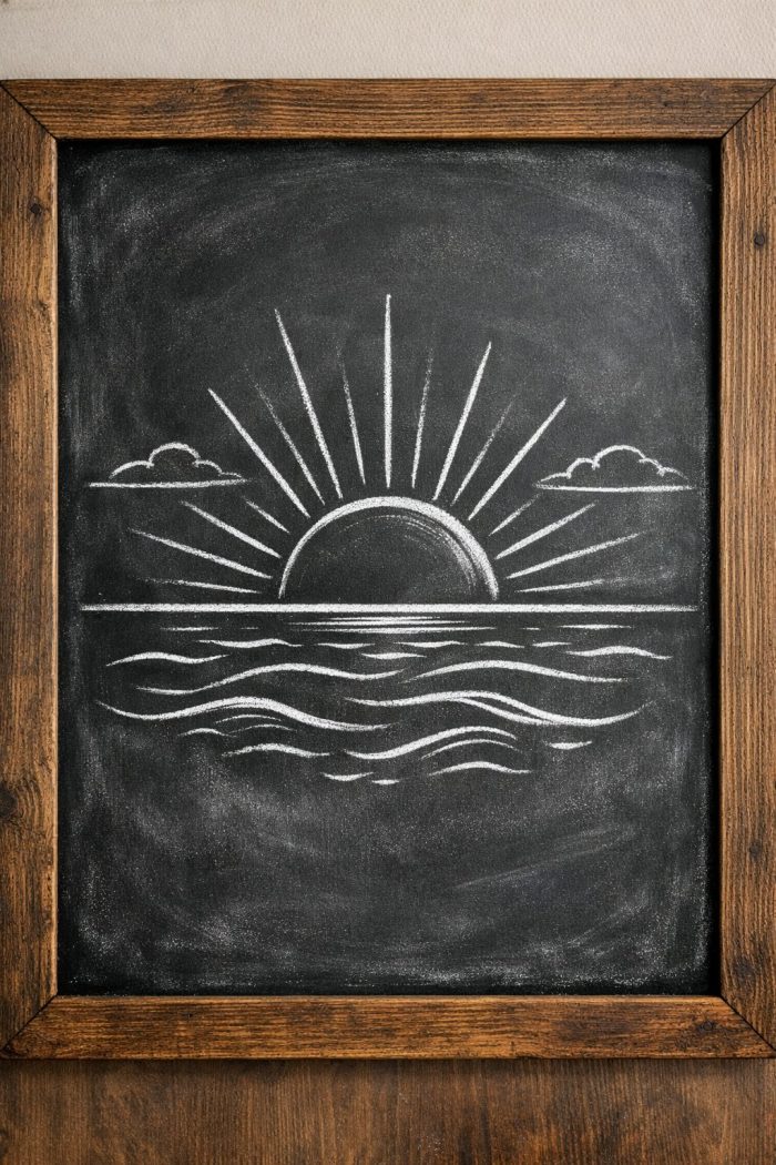 A chalk drawing on a blackboard shows a sun rising or setting over water, with rays stretching upward and two clouds on either side. The blackboard has a wooden frame.