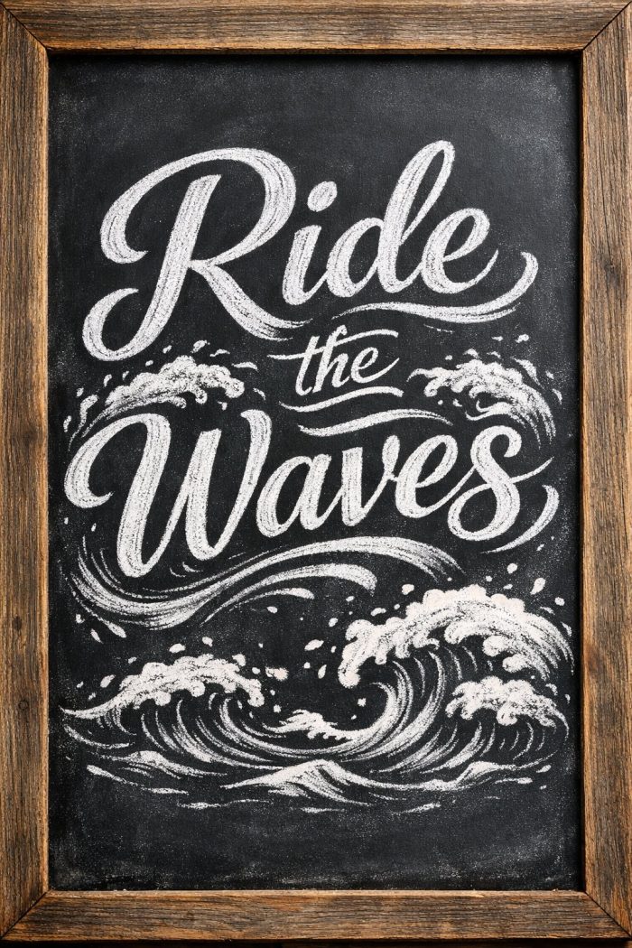 A chalkboard with artistic white lettering reads "Ride the Waves," surrounded by drawn ocean waves and splashes, framed in rustic wood.
