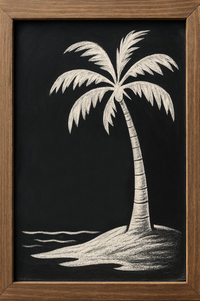 Chalk drawing of a palm tree on a small island, depicted on a blackboard with a wooden frame.
