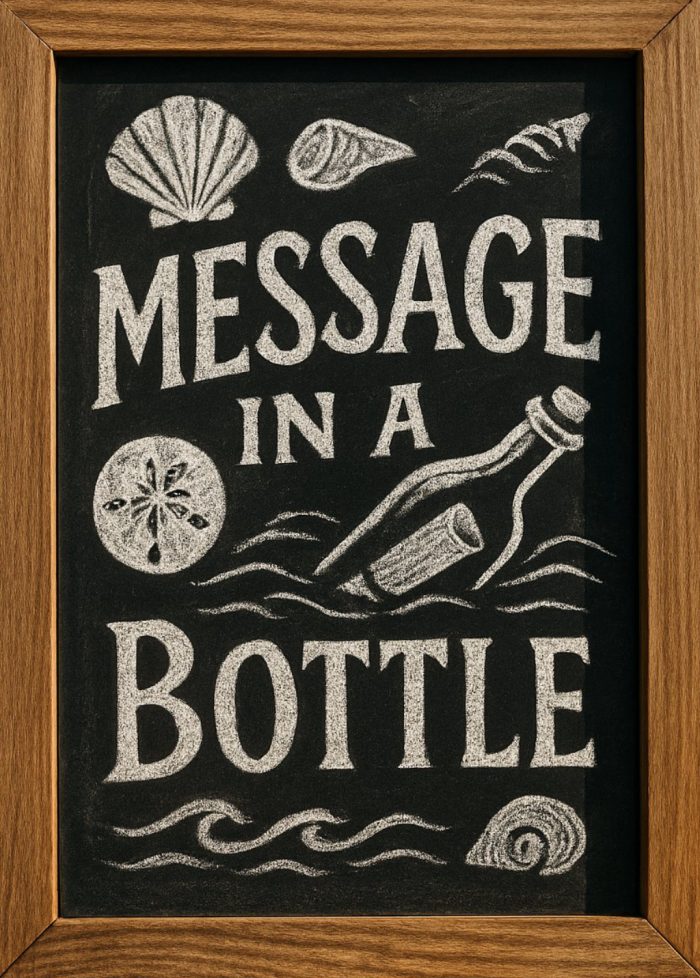 A chalkboard sign with drawings of seashells, waves, a sand dollar, and a bottle floating in water, featuring the text “MESSAGE IN A BOTTLE” in large letters.