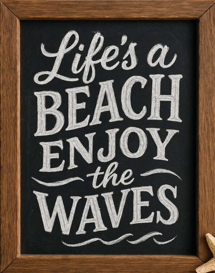 A chalkboard with white text.