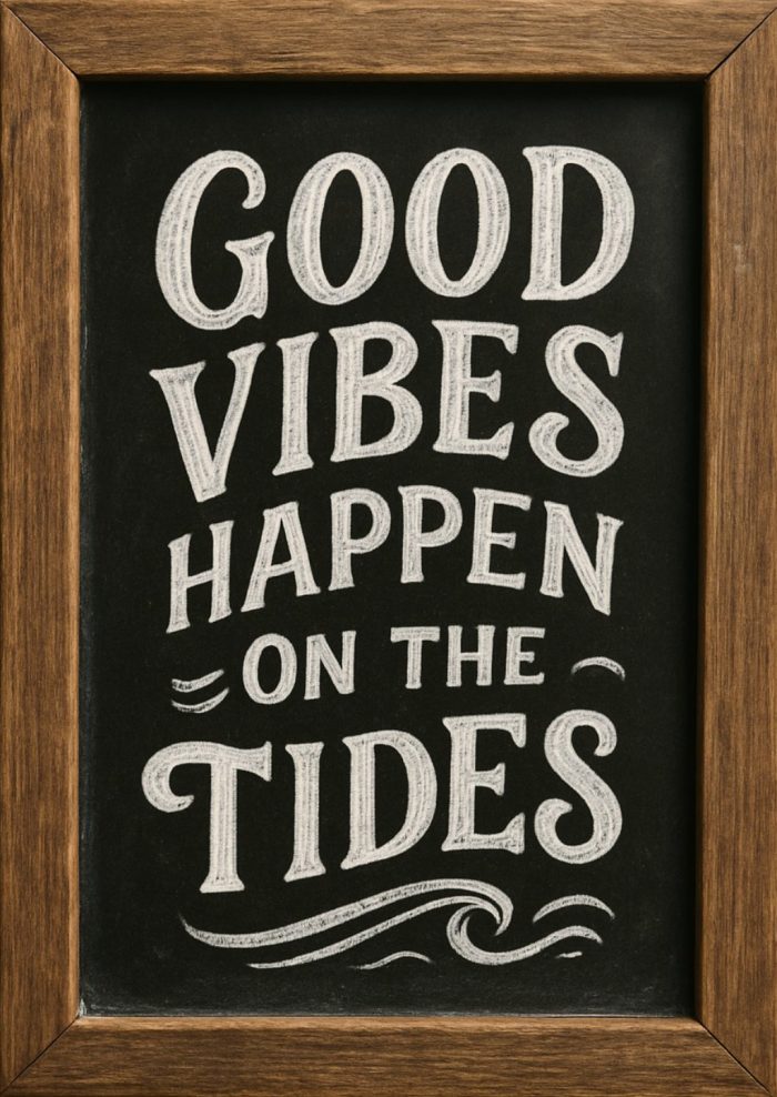 Chalkboard art in a wooden frame displaying the phrase “Good Vibes Happen On The Tides” in decorative white lettering, with wave designs underlining the word "Tides.