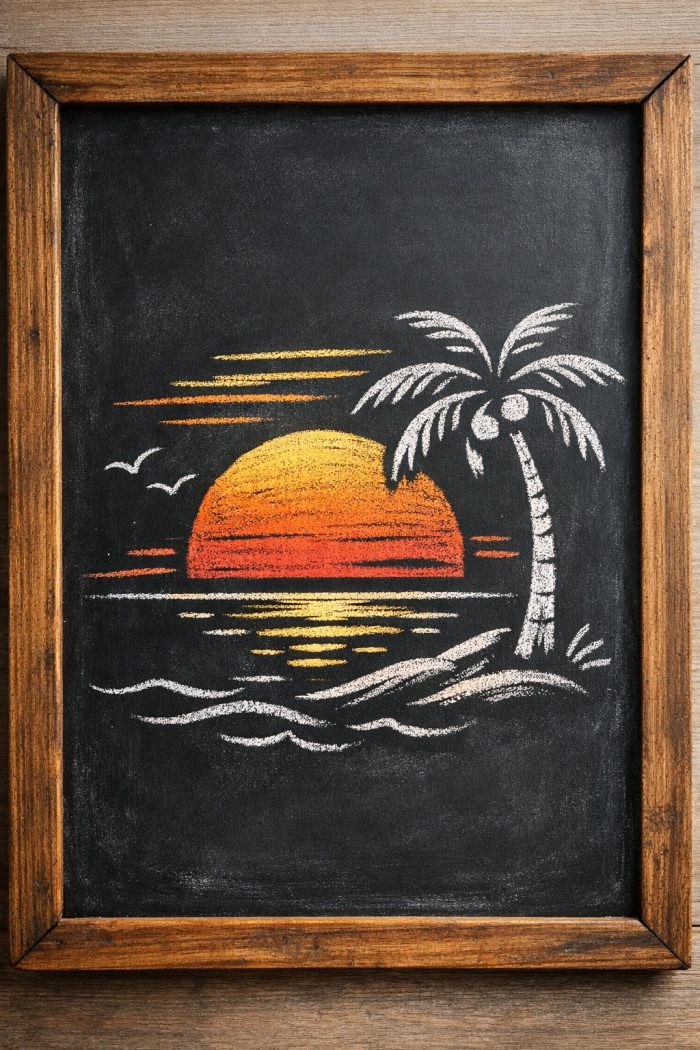 Chalk drawing of a sunset over the ocean with a palm tree, birds, and waves on a blackboard, framed with wood. The sun is orange and yellow, reflecting on the water.