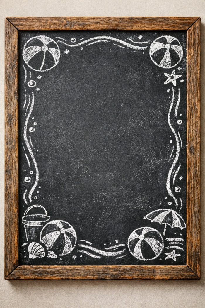 A blank chalkboard with a wooden frame, decorated with white chalk drawings of beach balls, seashells, waves, an umbrella, and starfish along the border, creating a summer or beach theme.