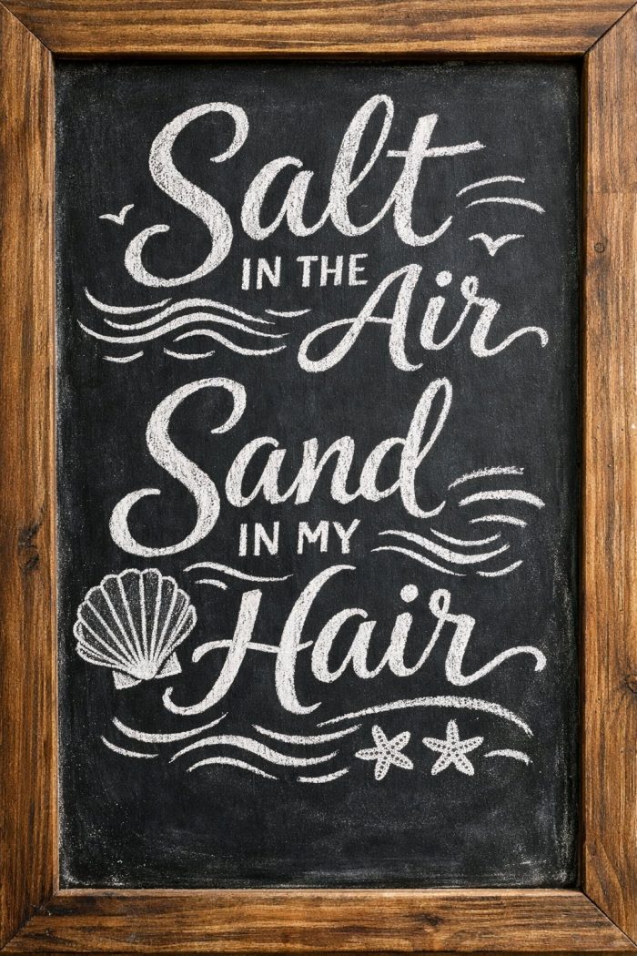A chalkboard sign with decorative text that reads, "Salt in the air, sand in my hair," surrounded by drawings of waves, a seashell, and two starfish, all framed in wood.
