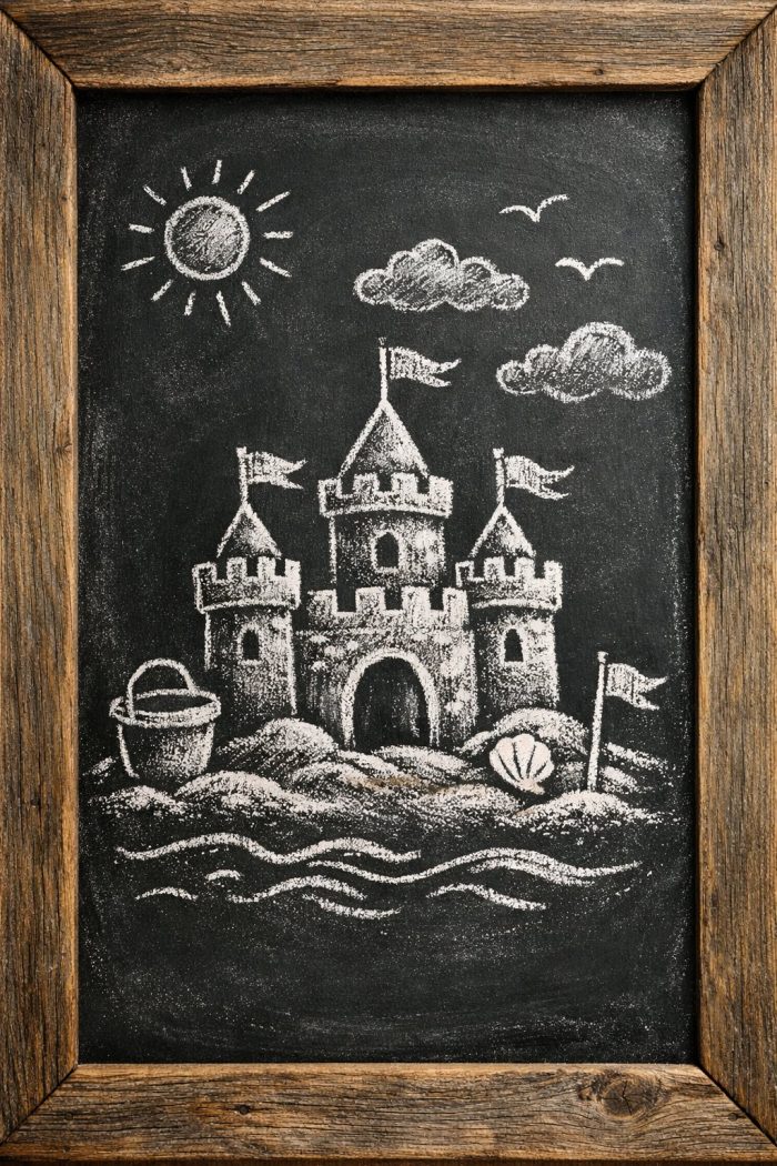 A chalk drawing of a sandcastle with flags, a bucket, a seashell, waves, clouds, birds, and a sun on a blackboard framed in wood.