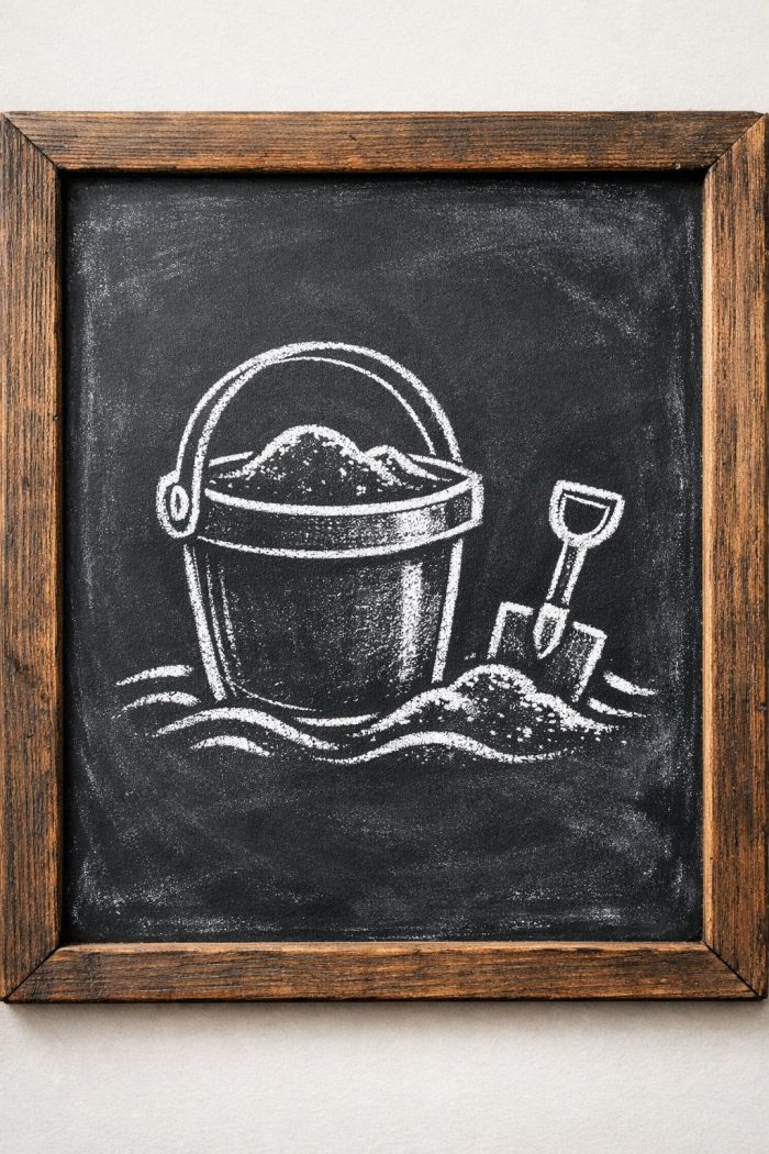 Chalk drawing on a blackboard of a sand bucket filled with sand and a small shovel sticking out of a sandpile, all framed with a wooden border.