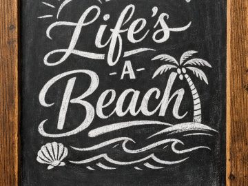 A framed chalkboard with the handwritten phrase "Life's a Beach," decorated with drawings of a sun, birds, a palm tree, waves, and a seashell.