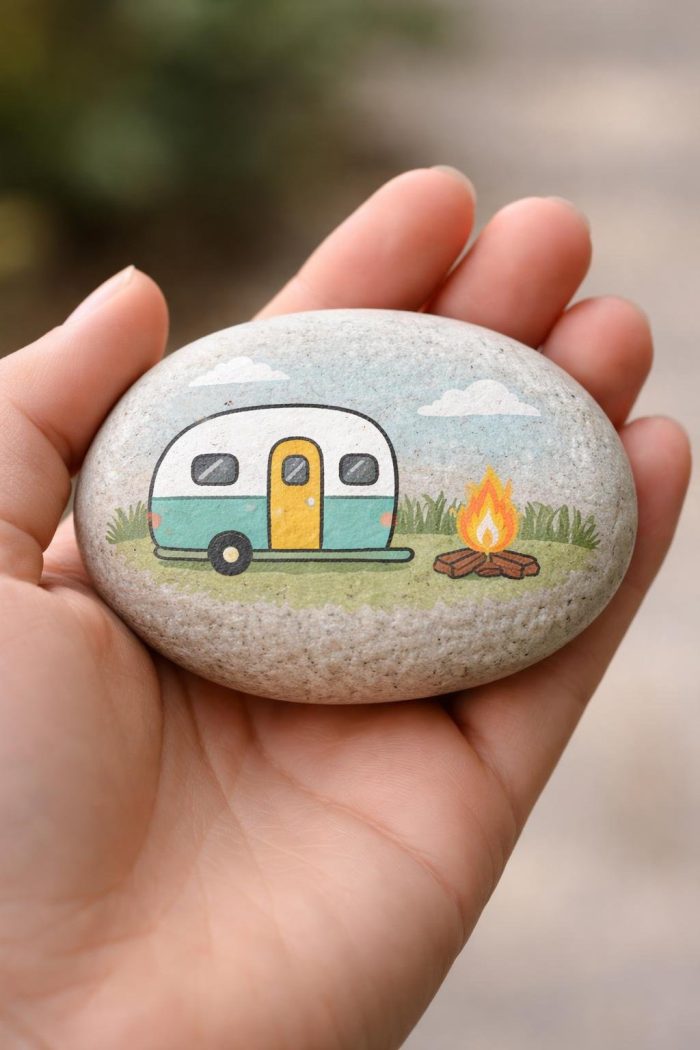A hand holds a smooth stone painted with a small camper, a campfire, grass, and clouds, depicting a camping scene.