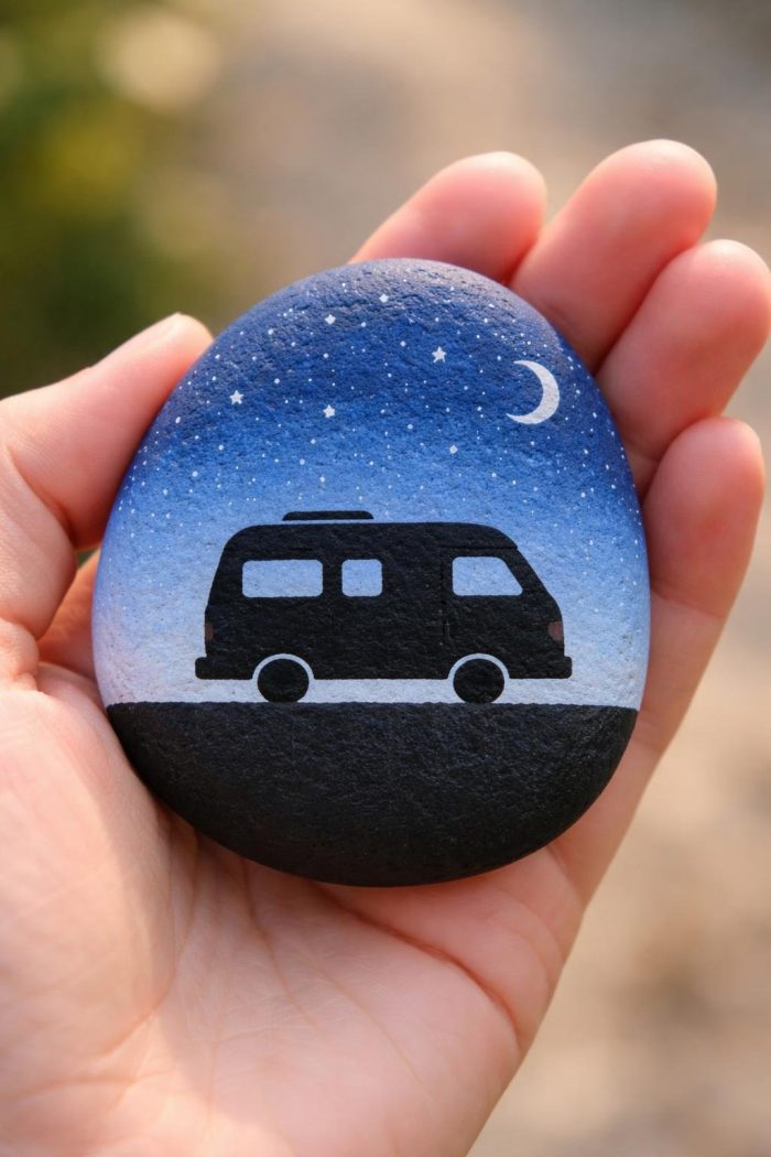 A hand holds a painted stone featuring a black van silhouette on a road, with a night sky, stars, and crescent moon in the background.