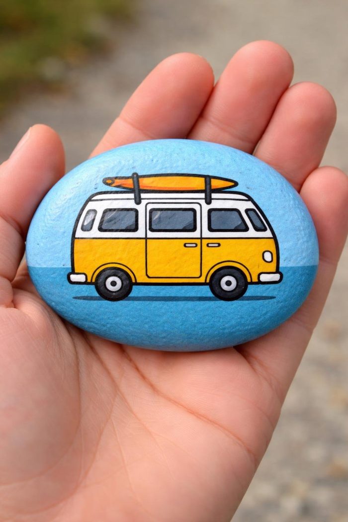 A hand holds a blue painted rock featuring a yellow van with a surfboard on top, drawn in a simple, cartoon style. The background is slightly blurred.