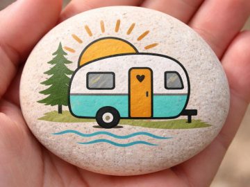 A hand holds a smooth stone painted with a retro camper, a pine tree, a yellow sun, and blue water lines, suggesting an outdoor camping scene.