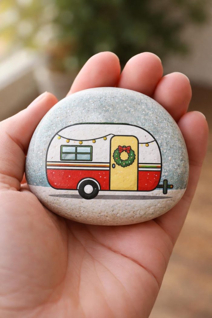 A hand holds a smooth stone painted with a red and white camper decorated with a Christmas wreath and string lights on its door. The background is blurred and green.