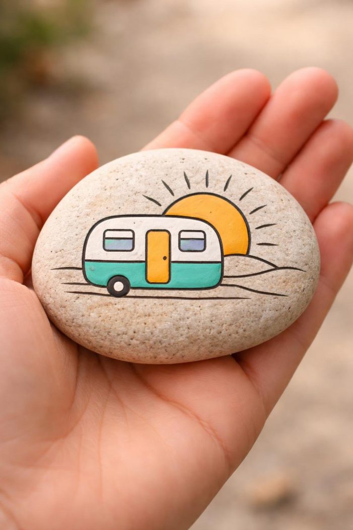 A hand holds a smooth stone painted with a teal and white camper, a yellow door, and a rising sun in the background.