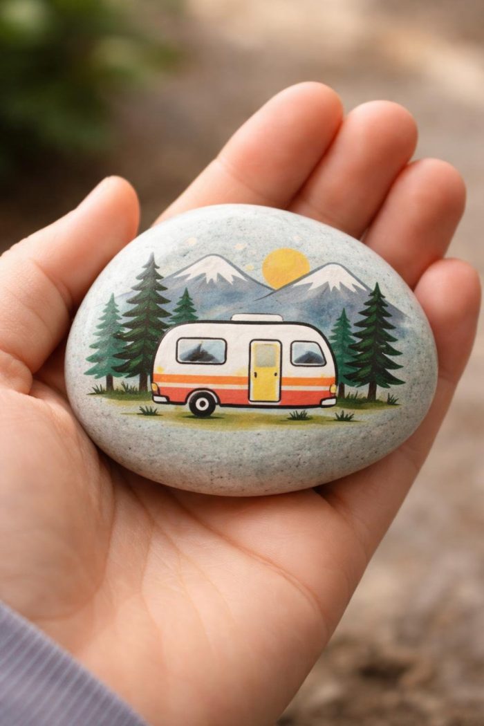 A hand holds a smooth stone painted with a camper van, pine trees, mountains, and a sun in the sky, creating a charming outdoor scene.