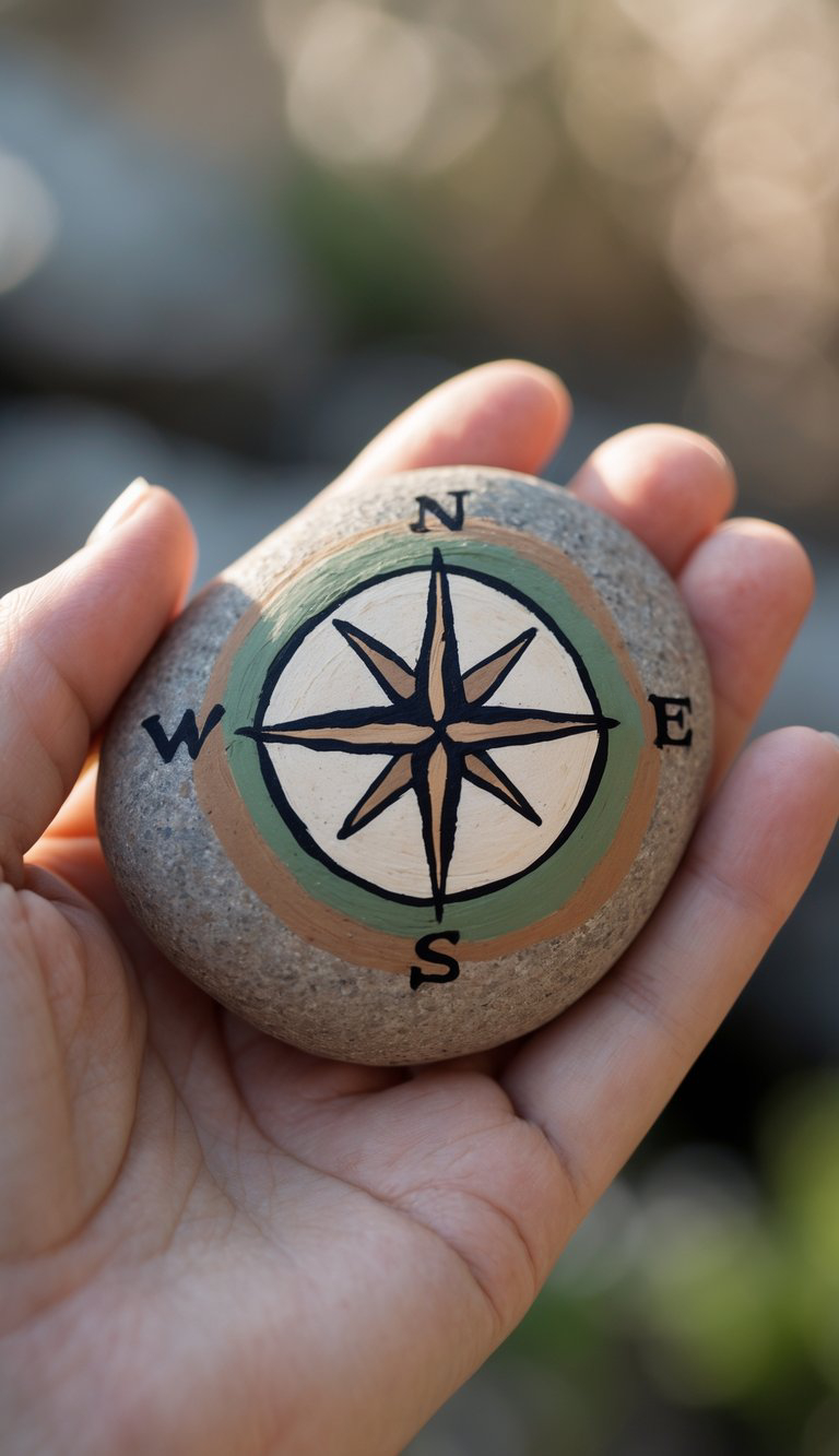 A hand holds a smooth stone painted with a compass rose in black, showing the four cardinal directions: north, east, south, and west. The background is softly blurred.