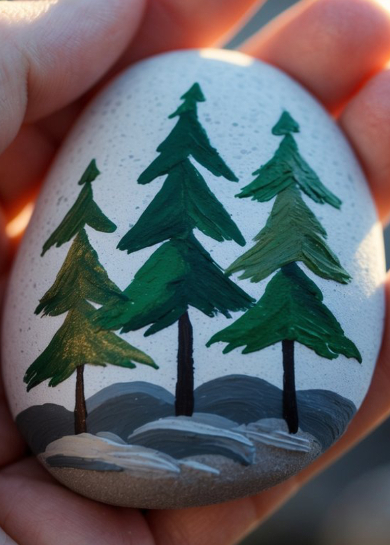 A hand holds a smooth stone painted with three green pine trees and a gray, snowy landscape, against a softly blurred background.