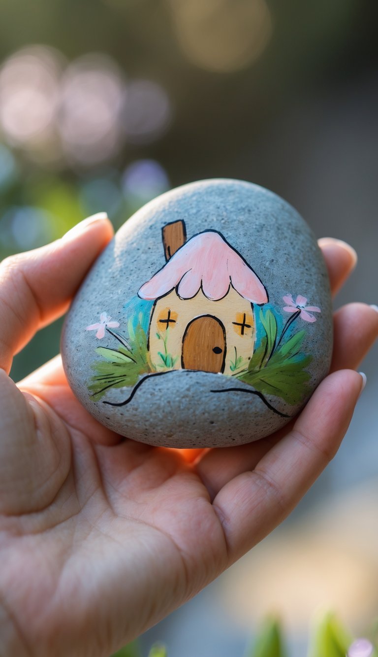 A hand holds a smooth gray stone painted with a small whimsical house, featuring a pink roof, brown door, and surrounded by green grass and pink flowers.