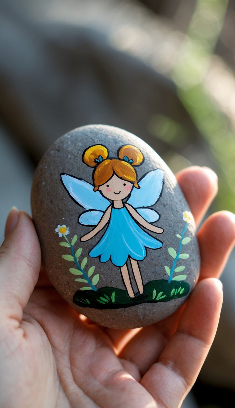 A hand holds a smooth stone painted with a cute fairy in a blue dress and wings, standing between two small flowers and green grass.