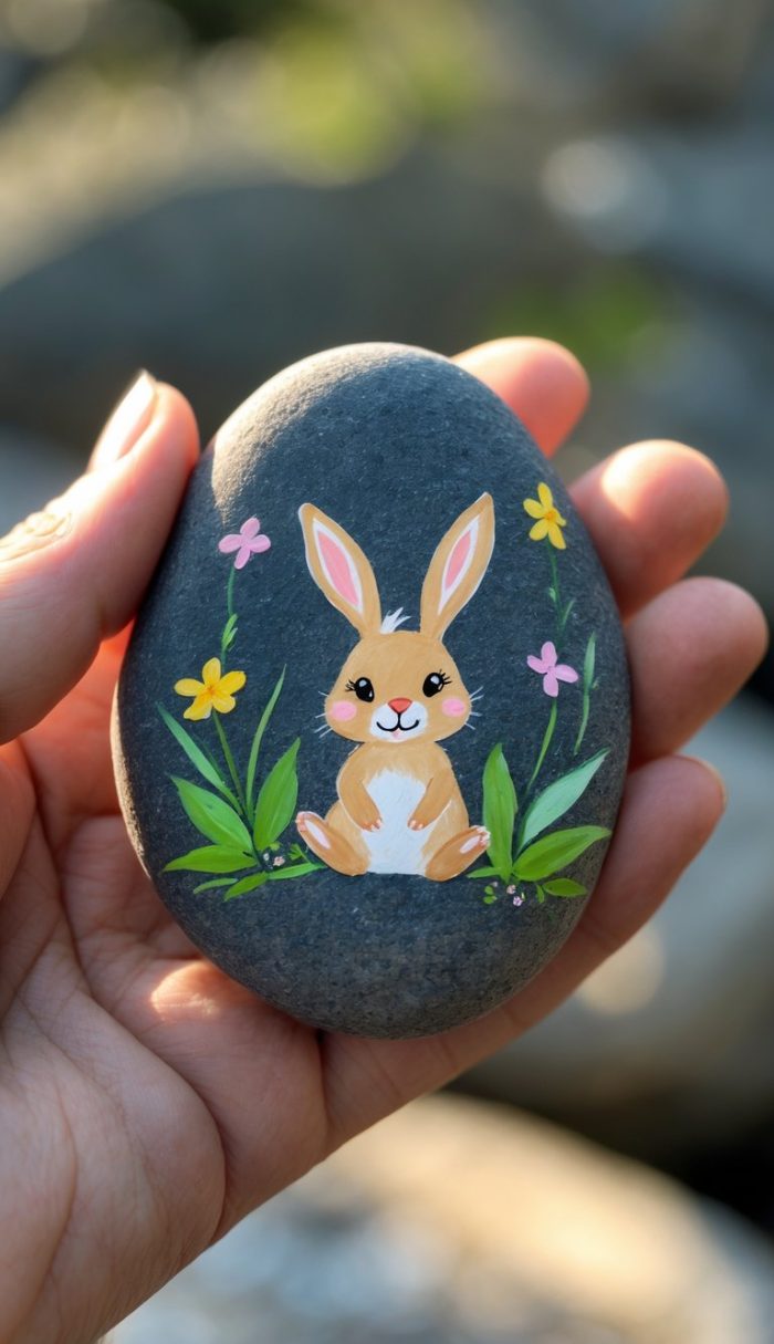 A hand holds a smooth dark stone painted with a cute cartoon bunny surrounded by green leaves and pink and yellow flowers. The background is blurred natural scenery.
