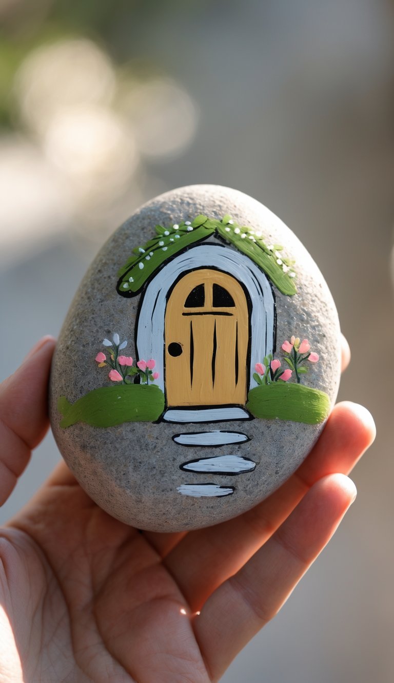 A hand holds a smooth stone painted with a yellow cottage door, white frame, green roof, and small pink flowers, resembling a whimsical fairy house.