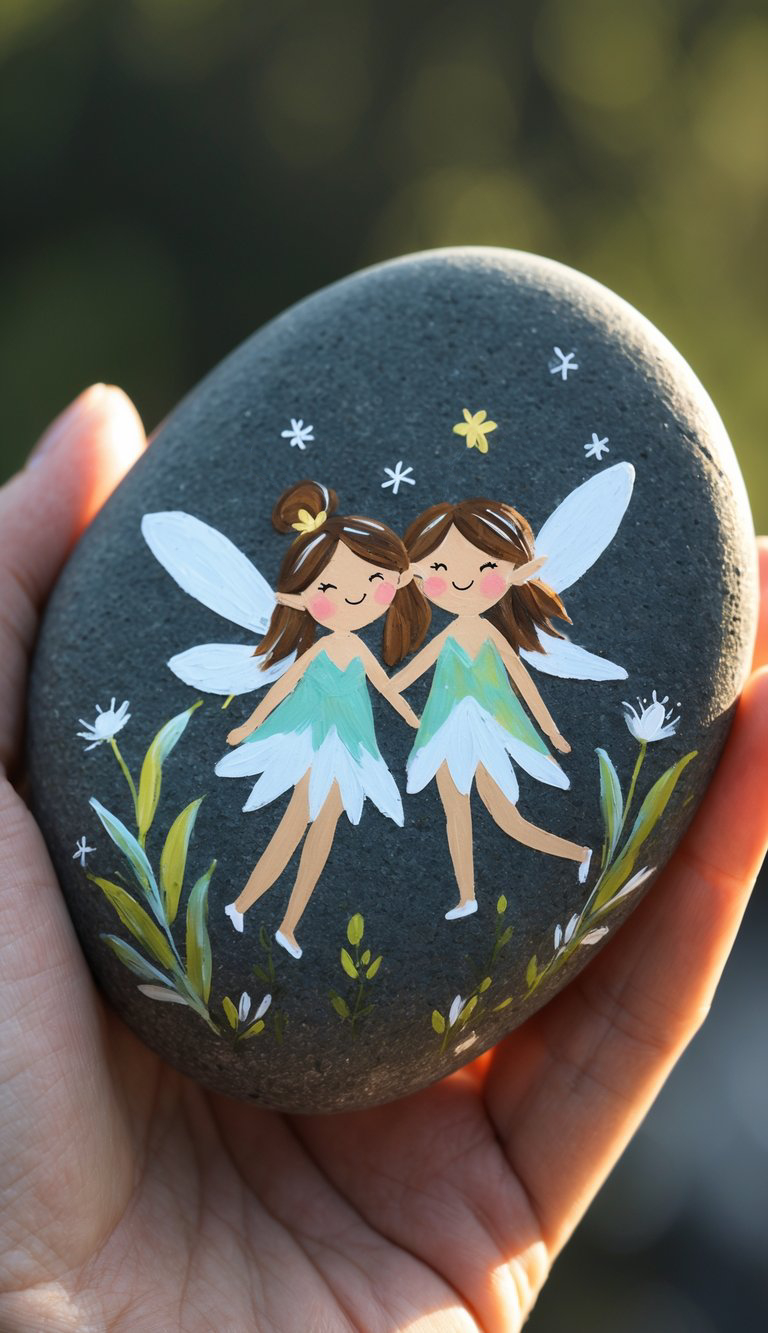 A hand holds a smooth dark stone painted with two smiling fairies in green and white dresses, white wings, and surrounded by flowers and stars.