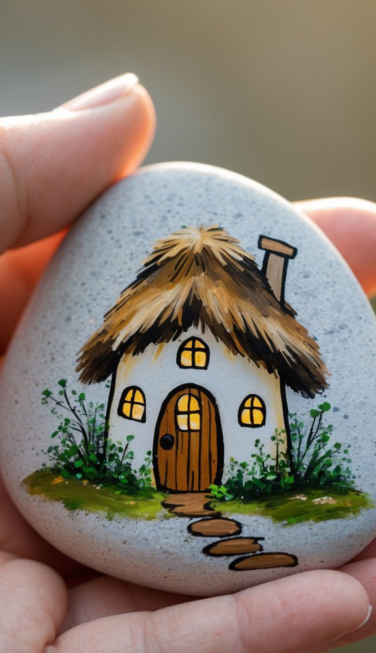 A hand holds a smooth stone painted with a cute, small cottage featuring a thatched roof, yellow-lit windows, a wooden door, and greenery around the house, with a stone path leading to the entrance.