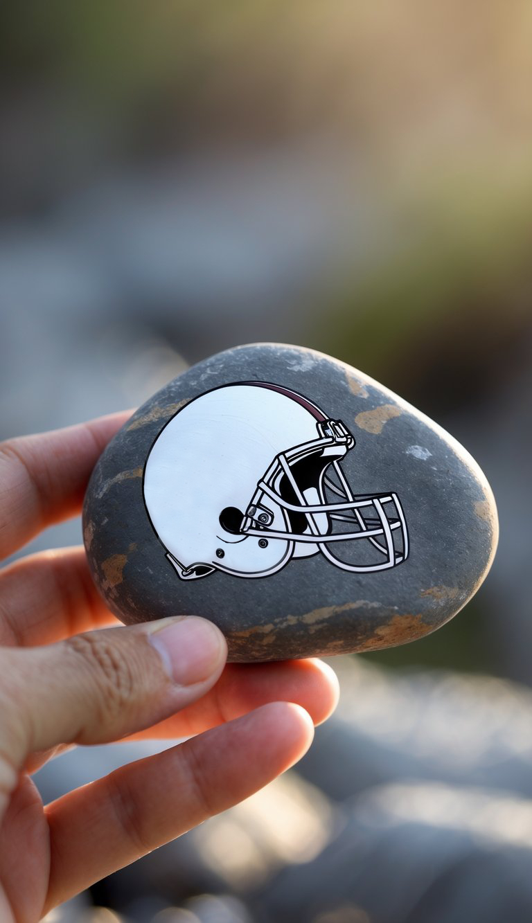 A hand holds a smooth, oval rock with a white football helmet graphic on it, against a blurred outdoor background.