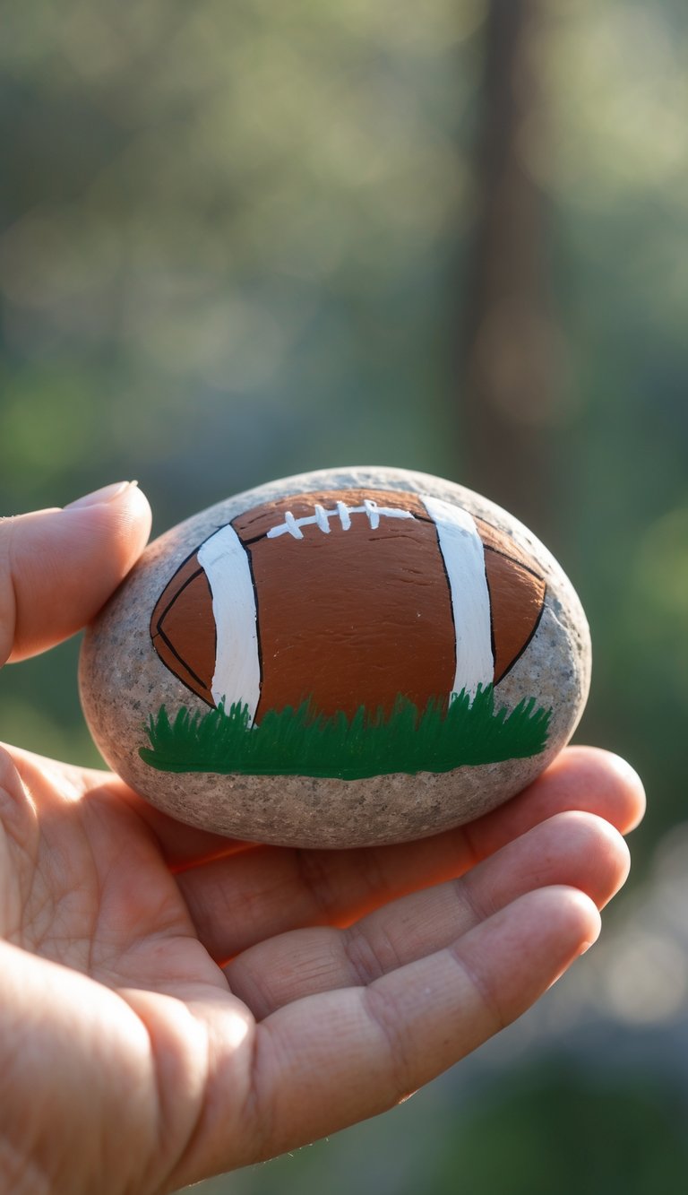 A hand holds a smooth rock painted with a brown American football on green grass, featuring white laces and stripes. The background is softly blurred with natural light.