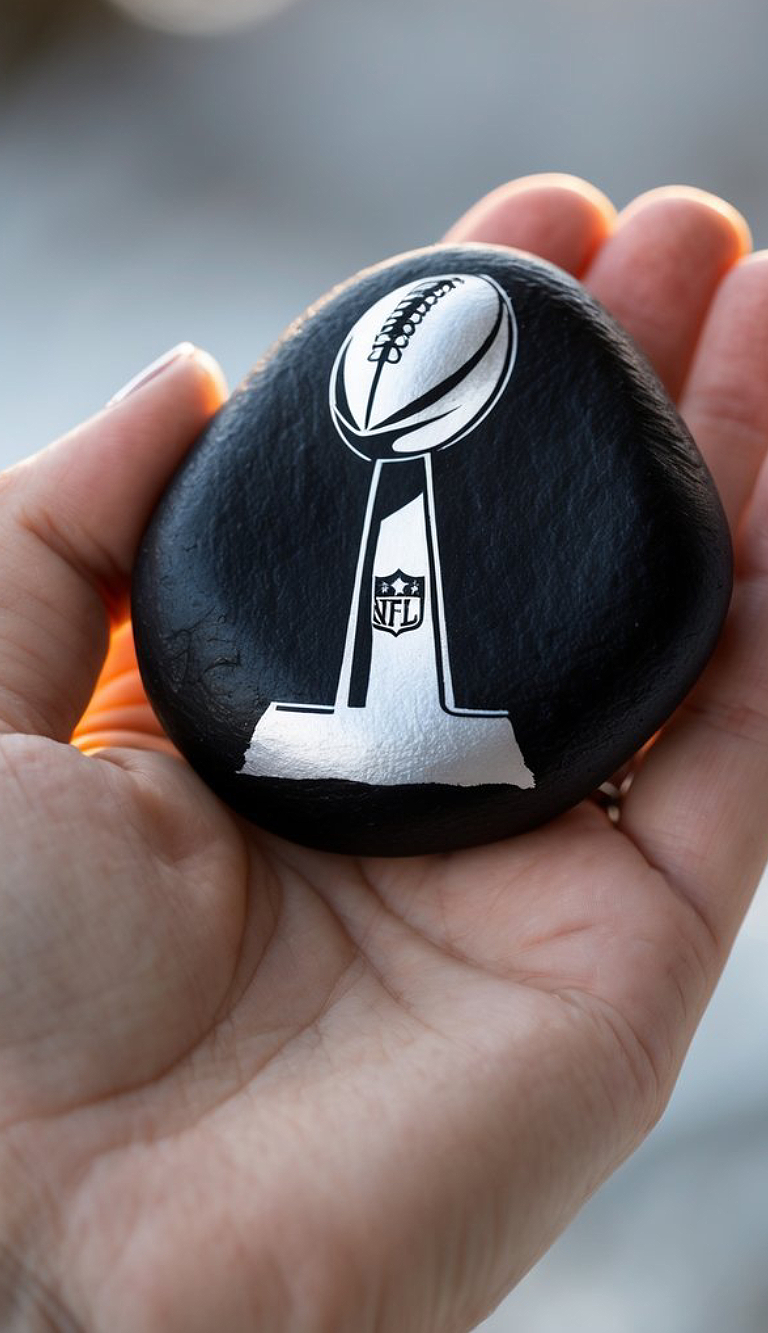 A hand holds a black stone painted with a white image of the NFL Vince Lombardi Super Bowl trophy, featuring a football atop a pedestal.