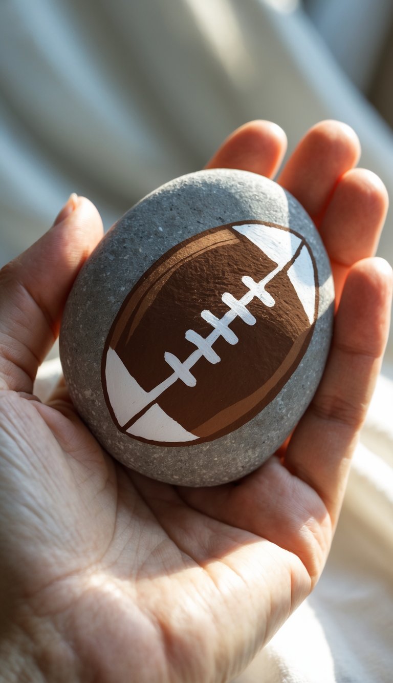 A person holds a smooth gray stone painted with an American football design, featuring brown and white colors and white laces, in their open palm.