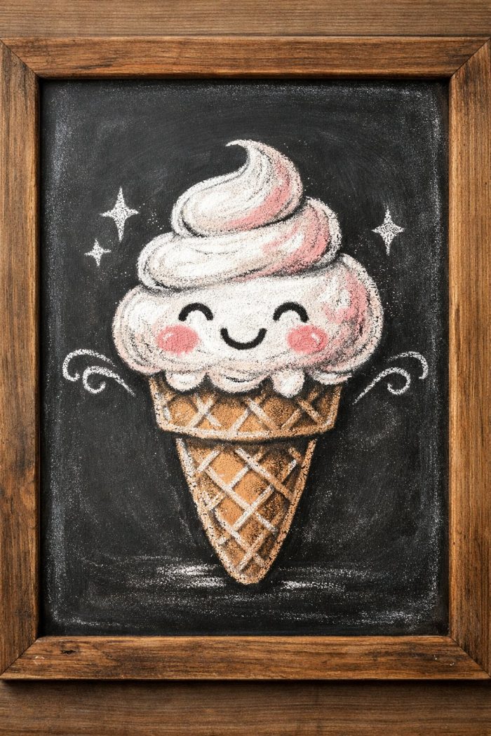 Chalk drawing of a smiling ice cream cone with rosy cheeks and swirled white ice cream, surrounded by sparkles, on a blackboard framed with wood.