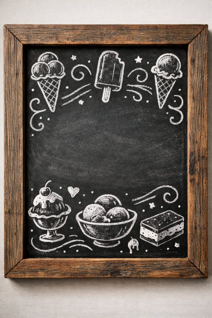 A chalkboard with wooden frame features white chalk drawings of ice cream cones, a popsicle, a sundae, a bowl of ice cream, and an ice cream sandwich, leaving space in the center.