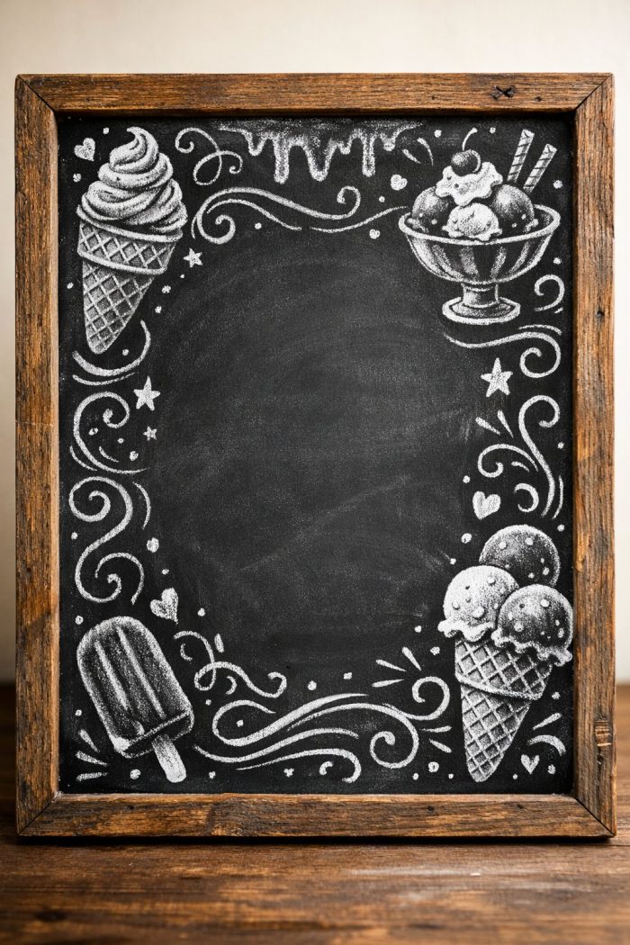 A chalkboard with a wooden frame is decorated with white chalk drawings of ice cream cones, a popsicle, and a sundae, along with swirls and stars, leaving the center blank for writing.