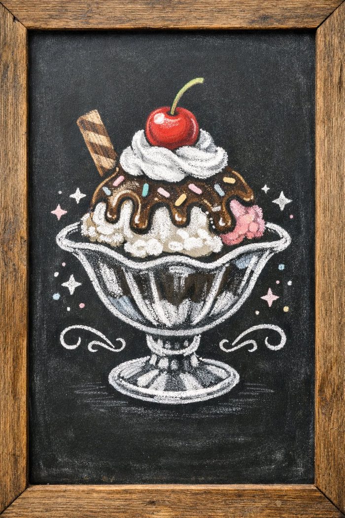 Chalk drawing of an ice cream sundae in a glass dish, topped with whipped cream, chocolate sauce, sprinkles, a wafer stick, and a cherry, framed with a wooden border.