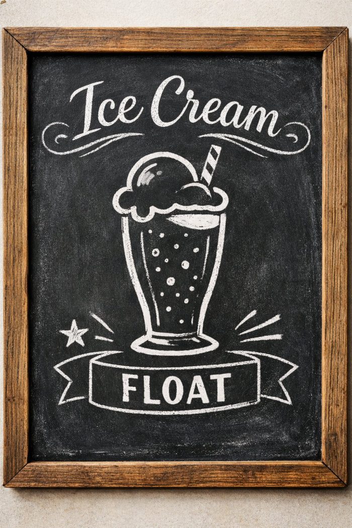 Chalkboard sign with a drawing of an ice cream float in a tall glass with a straw, bubbles, and the words "Ice Cream" above and "FLOAT" below, all in white chalk.