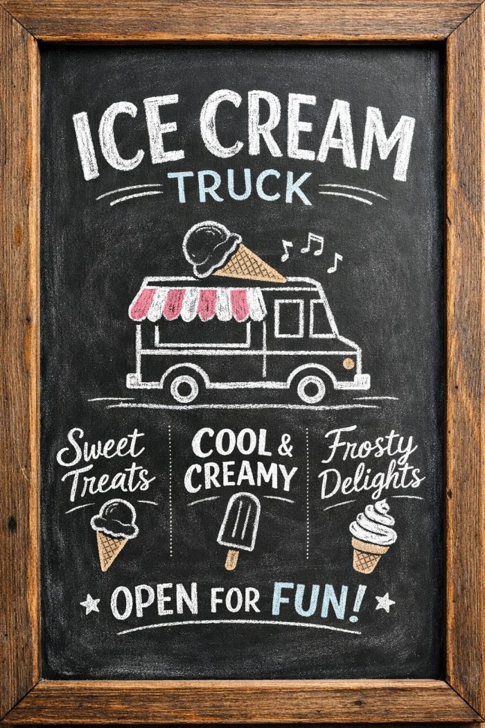 Chalkboard-style sign with a drawing of an ice cream truck, ice cream cones, and a popsicle, reading "ICE CREAM TRUCK, Sweet Treats, Cool & Creamy, Frosty Delights, OPEN FOR FUN!.
