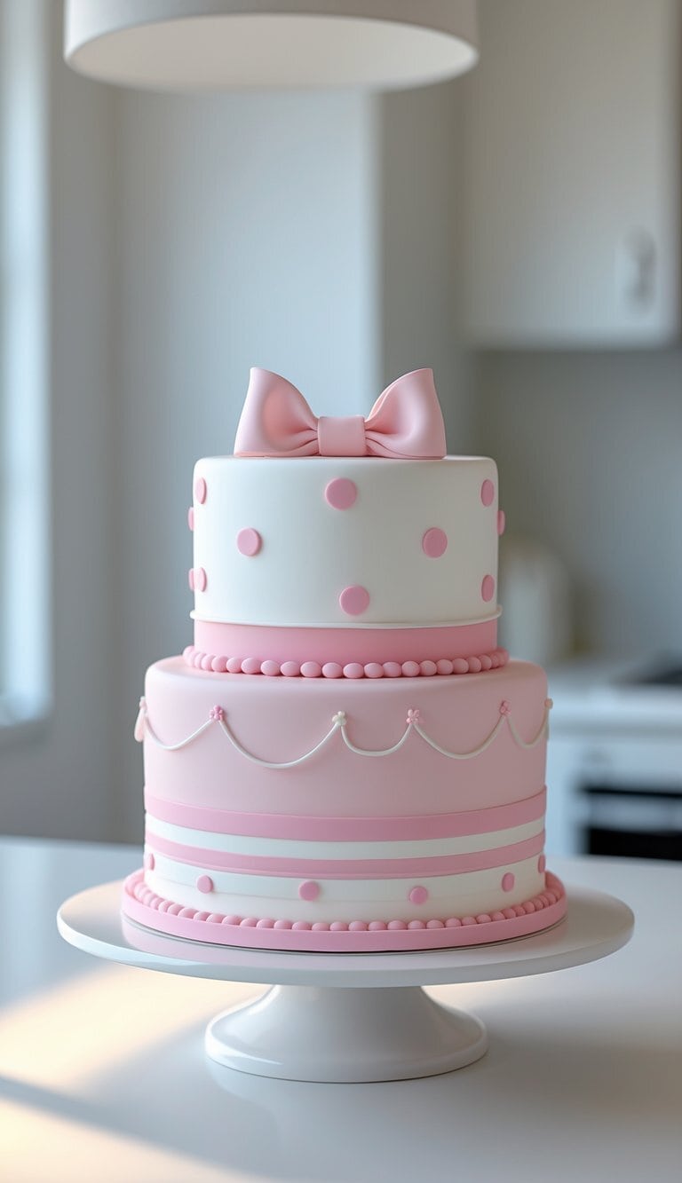 A two-tiered cake decorated with pink and white fondant, featuring polka dots, stripes, beads, scalloped edges, and a large pink bow on top, displayed on a white cake stand in a bright kitchen.