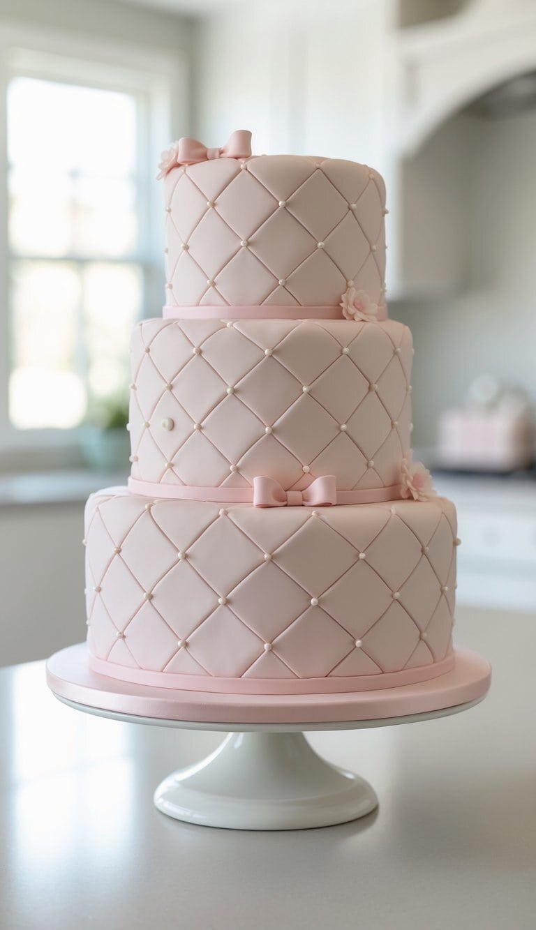 A three-tiered pink cake with quilted fondant design and small pearl decorations, accented with fondant bows and flowers, displayed on a white cake stand in a bright kitchen.