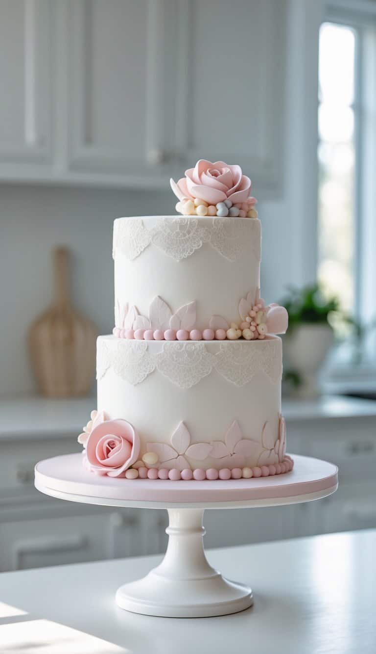 A two-tiered white cake decorated with pink fondant roses, lace-like icing, and pastel beads, displayed on a white cake stand in a bright kitchen.