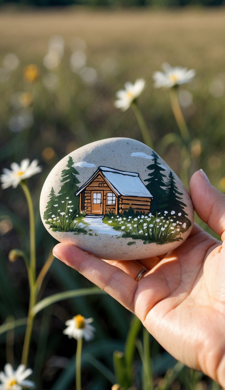 A hand holds a smooth rock painted with a cozy log cabin, pine trees, and white daisies. In the background, real daisies and blurred grass are visible in a sunlit meadow.